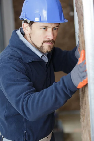 Cheerful Plasterer Worker Indoors Wall Insulation Works — Stock Photo, Image