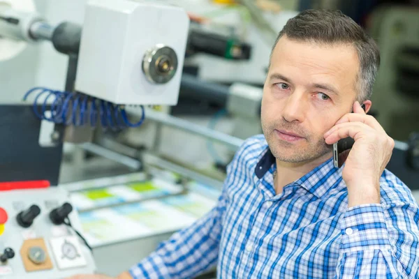 Businessman Factory Shop Floor Using His Cell Phone — Stock Photo, Image