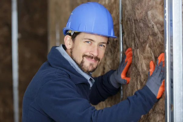 Worker Man Insulates Wall — Stock Photo, Image