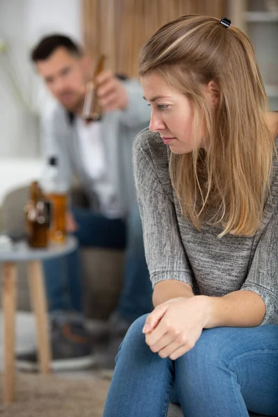 Serious Sad Woman Thinking Problem Man Drinks Alcohol — Stock Photo, Image