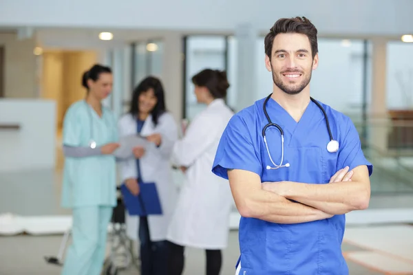 Portrait Handsome Male Doctor Standing Arms Folded — Stock Photo, Image