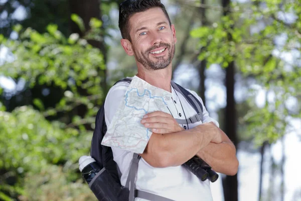 Hiker Man Looking Map Standing Tropical Forest — Stock Photo, Image