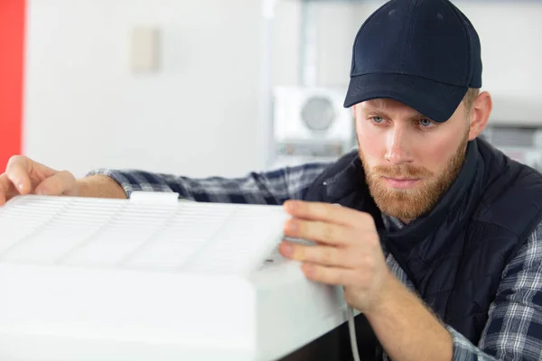 Young Male Technician Repairing Printer Office — Stock Photo, Image
