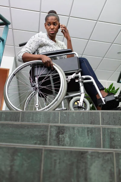 Worried Woman Wheelchair Top Staircase — Stockfoto