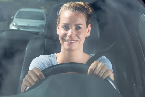 Happy Young Woman Driving Car — Stock Photo, Image