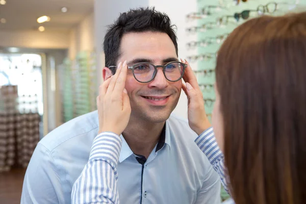 Man Trying Glasses Optical Store While Smiling — Stock Photo, Image