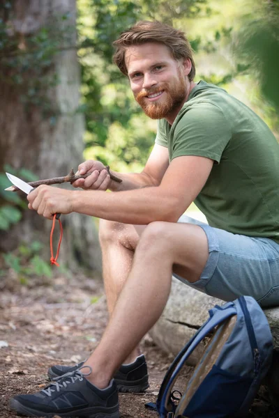 Smiling Man Sitting Forest Looking Camera — Stock Photo, Image