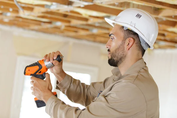 Male Builder Having Problem Drill — Stock Photo, Image