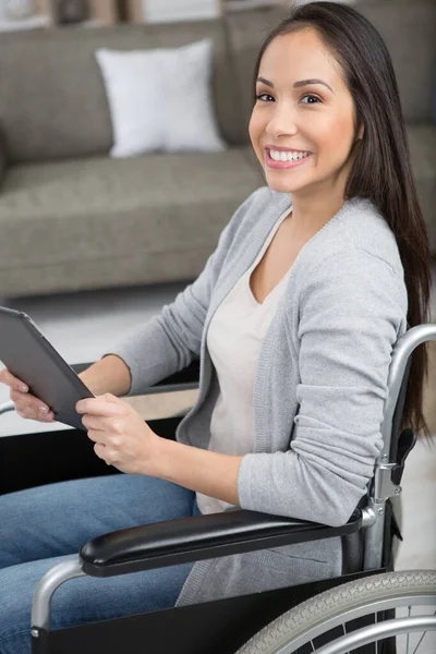 Teenage Girl Tablet Wheelchair Home — Stock Photo, Image