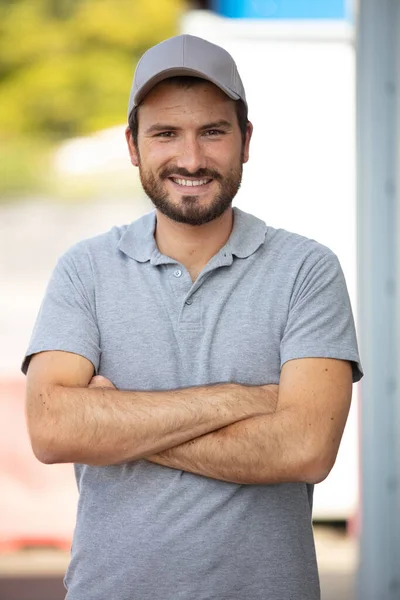 Portrait Male Worker Wearing Gret Polo Shirt Cap — Fotografia de Stock