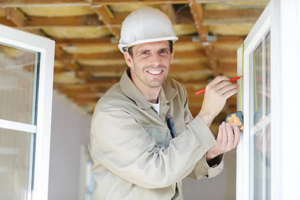 Happy Professional Handyman Fixing Window Handle Home — 图库照片