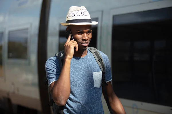 Afro American Man Train Station Making Phone Call — Stock Photo, Image