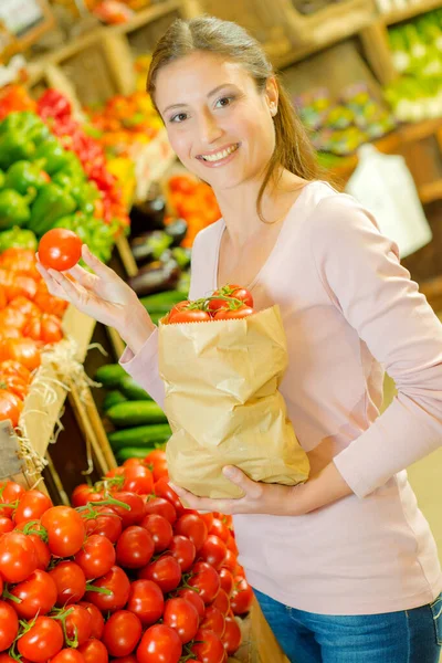 Woman Choosing Ripe Tomatoes — Foto Stock