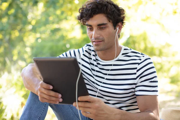 Young Man Sitting Woods Using Tablet — Stock Photo, Image