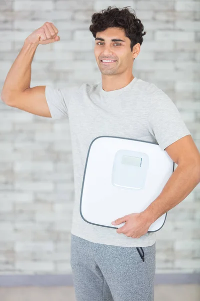 Weight Loss Male Holding Weighing Scale —  Fotos de Stock