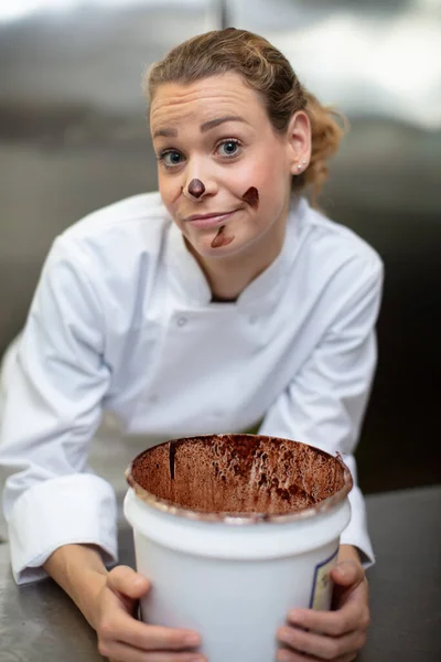 Female Chef Which Chocolate Her Face — Stock Photo, Image