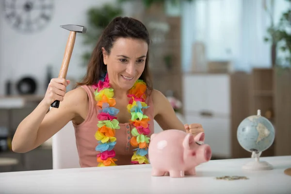 Happy Woman Ready Break Piggy Bank — Stock Photo, Image
