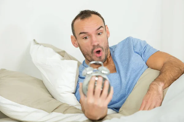Man Bed Looking Shock Alarm Clock — Stock Photo, Image