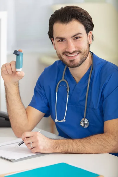 Handsome Male Doctor Holding Asthma Inhaler — 图库照片