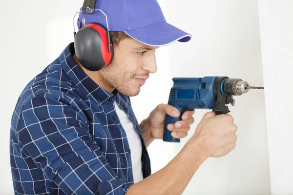 Builder Worker Drill Making Hole Wall — Stock Photo, Image