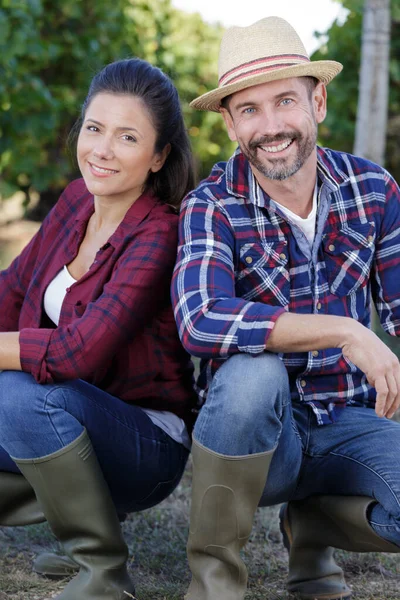 Young Couple Crouching Grapevines — Stock Photo, Image