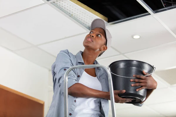 Worried Woman Holding Bucket While Water Droplets Leaking Ceiling — Stock Photo, Image