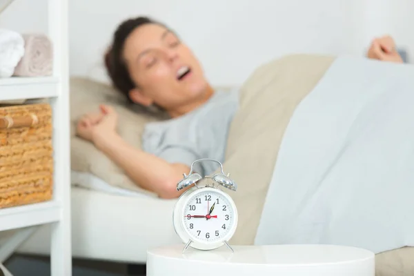 Sleepy Young Woman Stretching Turn Alarm — Stock Photo, Image