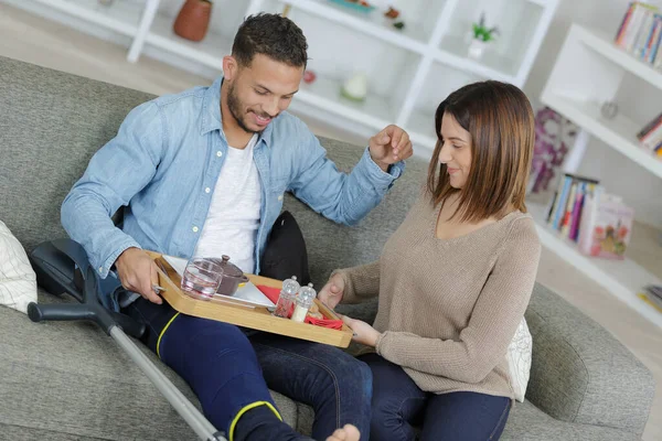 Wife Giving Meal His Disabled Husband — Stock Photo, Image