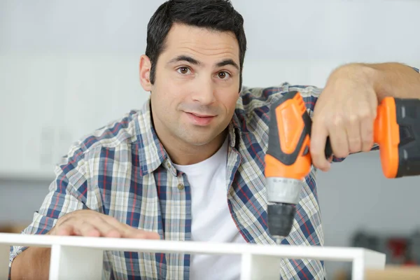 Carpenter Working His Workshop Electric Drill — Stock Photo, Image