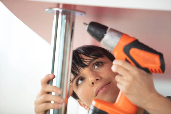 Woman Using Cordless Drill Home Improvement — Stockfoto