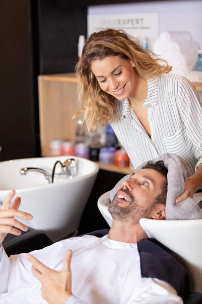Hairdresser Combing Male Hair Blowing Drye — Stock Photo, Image