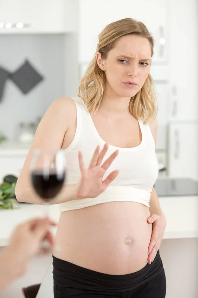 Pregnant Woman Refusing Glass Red Wine — Stock Photo, Image