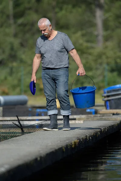 Pescador Pasarela Sobre Los Recintos Cría Que Llevan Cubo Alimentos — Foto de Stock