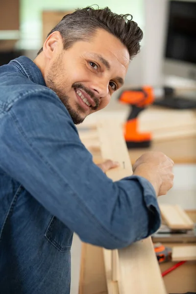 Portrait Smiling Young Handsome Carpenter — Stock Photo, Image