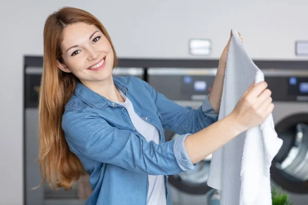 Happy Woman Housewife Laundry Room — Stock Photo, Image