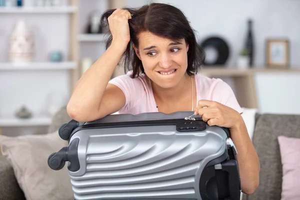 Troubled Woman Has Forgotten Code Her Suitcase Lock — Stock Photo, Image
