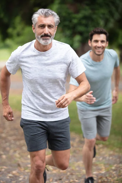 Two Friends Running Forest Jogging Trail — Stock Photo, Image