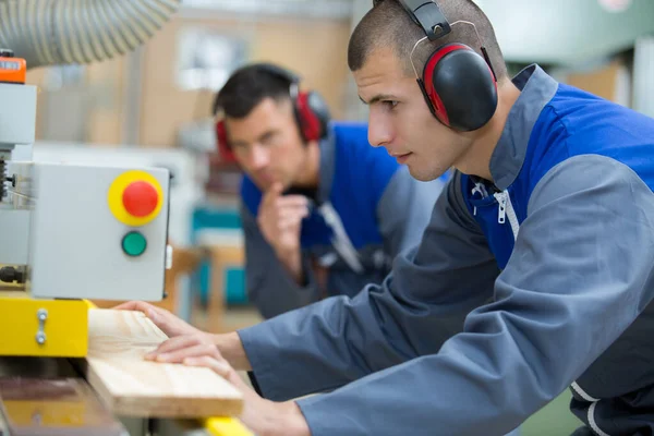Side View Portrait Young Worker Using Modern Machine — Stock Photo, Image
