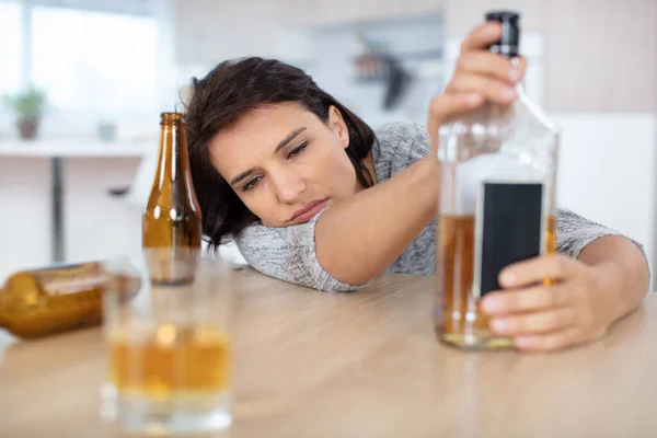 Drunk Woman Slumped Table Home — Stock Photo, Image
