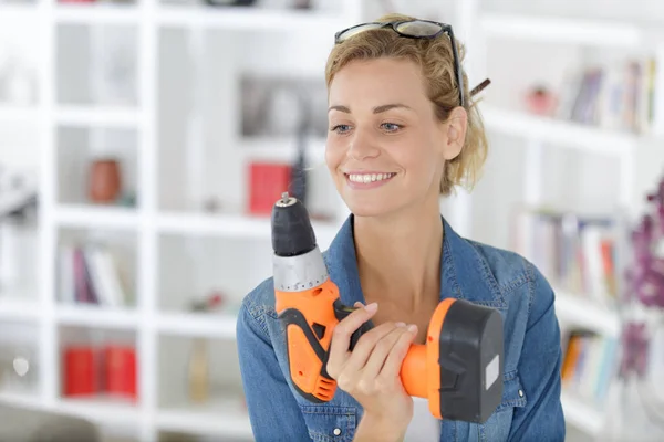 Portrait Cheerful Woman Holding Drill — Stock Photo, Image