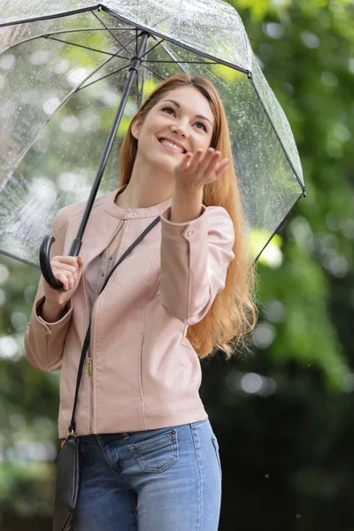Glückliche Frau Regenmantel Mit Durchsichtigem Regenschirm — Stockfoto