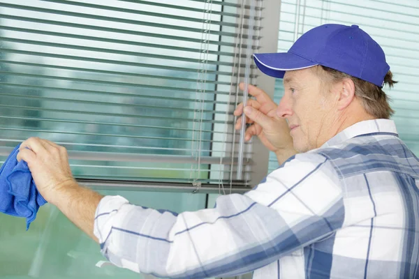 Close Man Cleaning Window Office — Stock Photo, Image