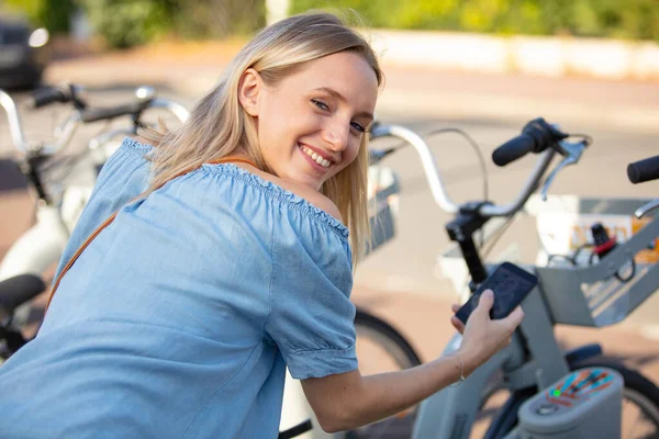 Young Woman Taking One Bicycle Rent Ecological Transport — Stock Photo, Image
