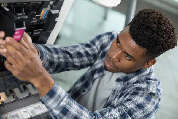 Technician Checking Changing Printer Equipment Cartridges — Stock Photo, Image