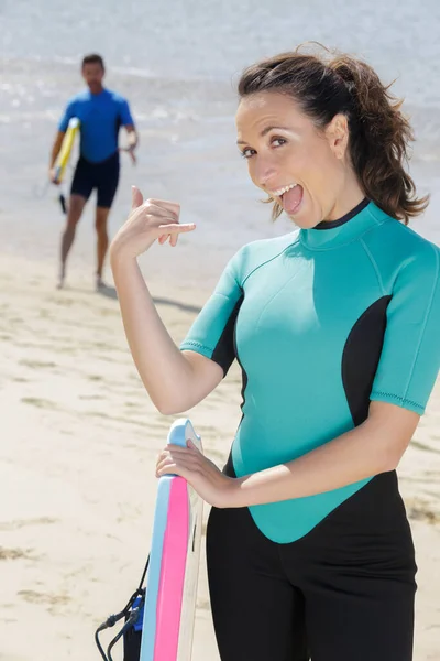 Joyful Middle Age Woman Surfer Bodyboard — Stock Photo, Image