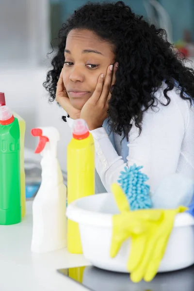 Tired Woman Sourround Cleaning Products — Stock Photo, Image
