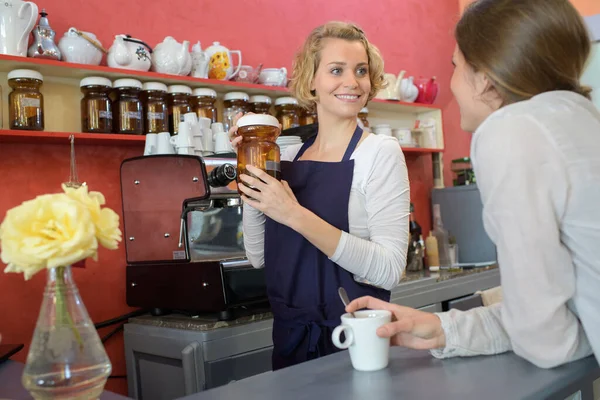 Young Female Barista Serving Coffee Customer Cafe — Stock Photo, Image