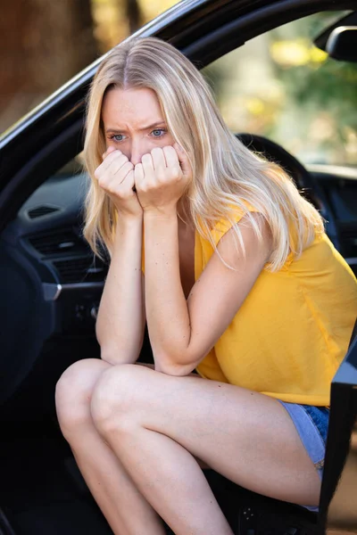 Sad Woman Head Her Hands Sitting Car — Stock Photo, Image