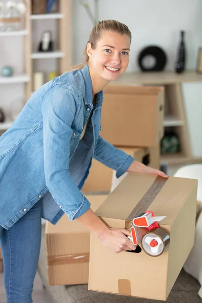 Woman Tape Dispenser Cardboard Boxes Home — Stock Photo, Image