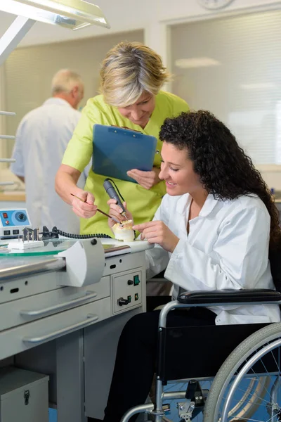 Fêmea Cadeira Rodas Trabalhar Como Assistente Dentária — Fotografia de Stock